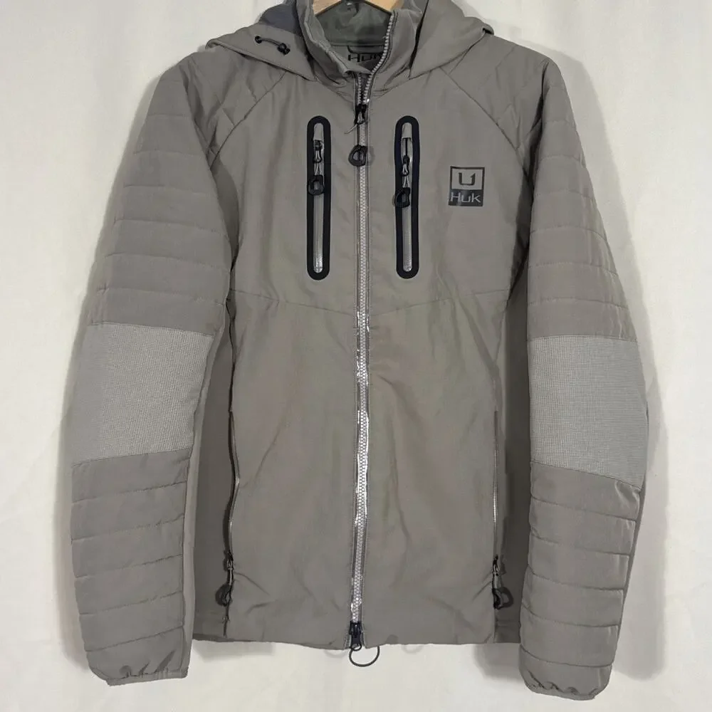 HUK PrimaLoft Jacket Mens Beige Hooded Insulated Fishing Outdoor Performance Y2K